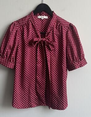 Ann Taylor LOFT Top S Polka Dot Bow Puff Sleeve Career Burgundy